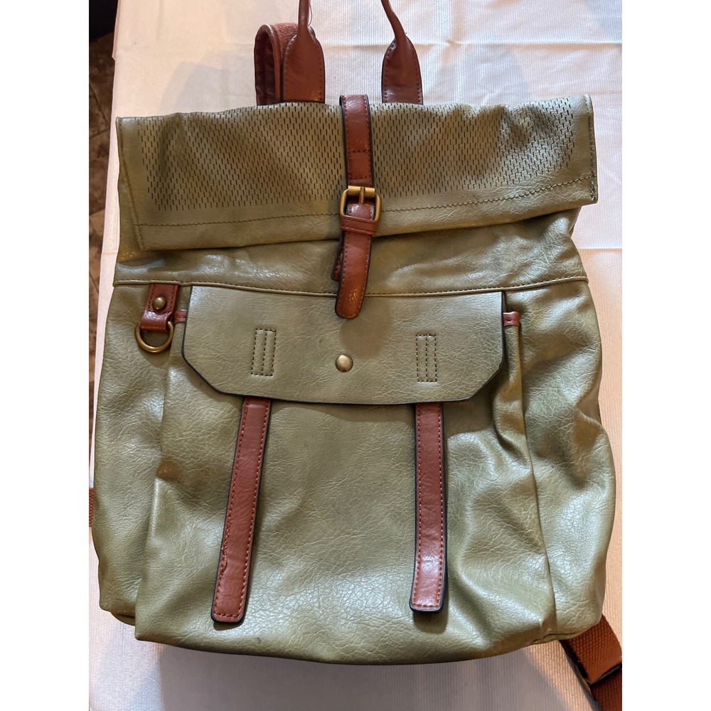 Olive Green Leather Roll Top Backpack Brown Trim Utility Bag Brass Hardware